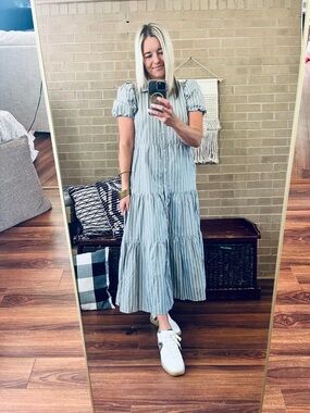 knee length dresses for ladies Elan White Aqua Stripe Deep V Neck Maxi Dress main image 1